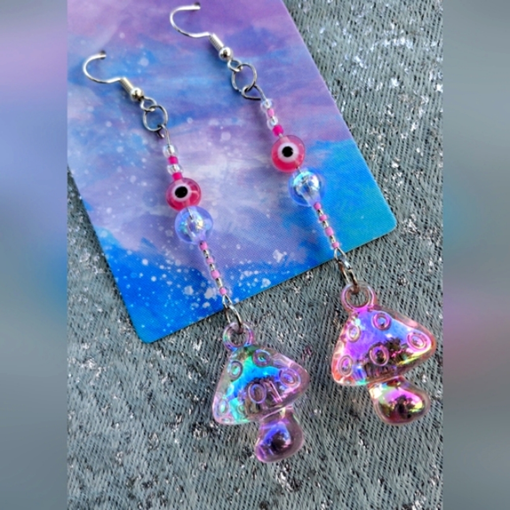 Evil eye mushroom beads beaded earrings dangles
